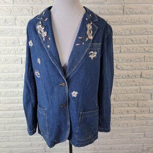 Liz Claiborne Women Jacket 14 Blue Denim Cotton Button 3D Floral Applique HNGE